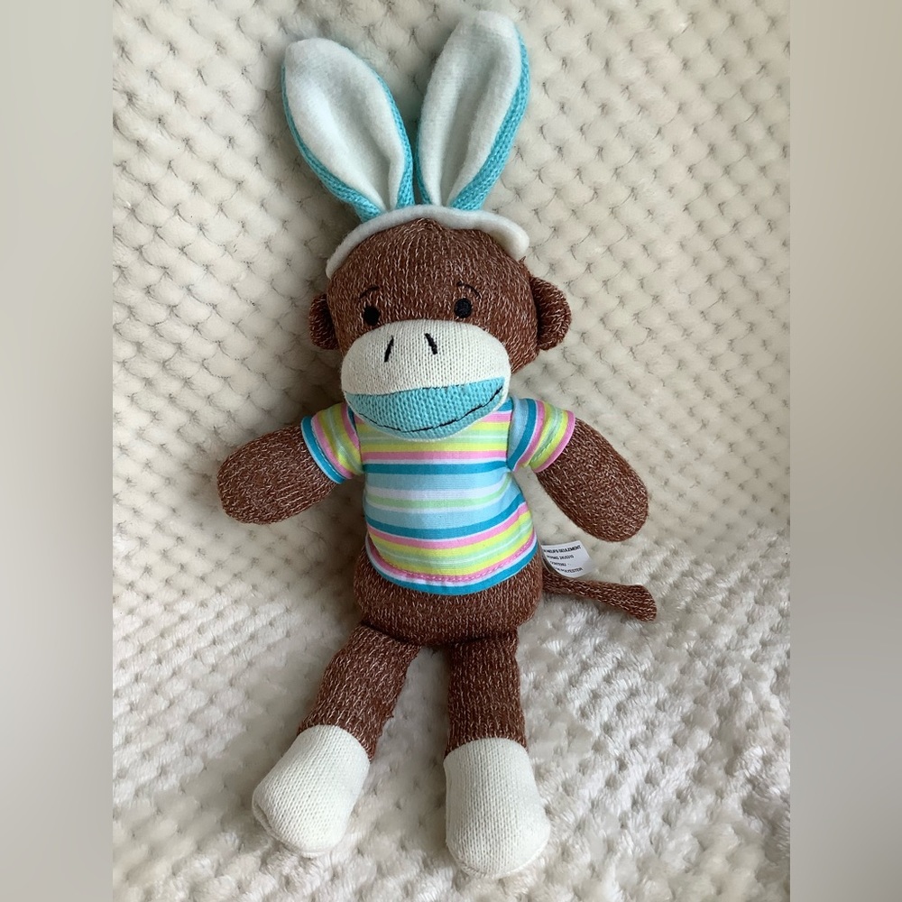 MTY International Co SOCK MONKEY Plush Stuffed Animal Toy w Bunny Ears & Sweater